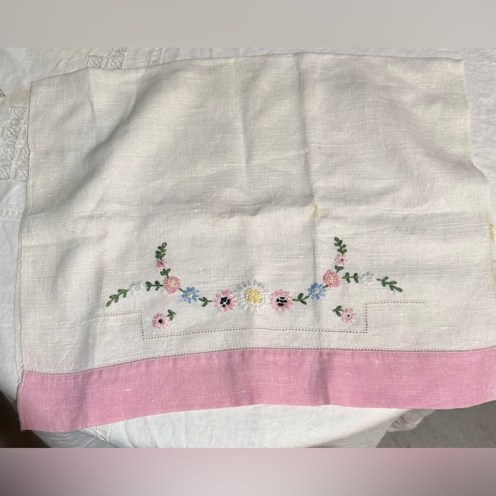 Embroidered Floral Linen hand towel vintage